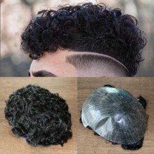 Máquina de rizado de 20MM inyectada, peluca de hombre técnica, Base de piel, cabello humano, tupé, sistema de reemplazo # 1B, Color 8x10 pulgadas