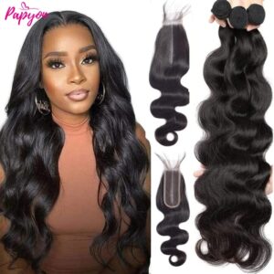 Mechones ondulados con cierre, extensiones de cabello humano Natural con cierre de encaje transparente, 2x6, 3/4 mechones