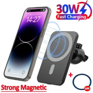MacSafe-cargador magnético inalámbrico para coche, soporte de teléfono con montaje en rejilla de ventilación para iPhone 15, 14, 13, 12 Pro Max, Xiaomi, Samsung, 30W