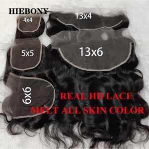 HiEbony-Cabello Humano ondulado de 13x6 HD, 100%, invisible, 5x5/6x6/7x7, cierre de encaje HD, Melt Skins, línea de pelo prearrancada