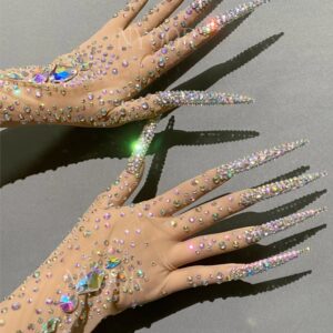 Guantes largos transparentes con diamantes de imitación de colores brillantes, malla Sexy, bailarina, cantante, club nocturno, baile, escenario, ropa para sesión de fotos