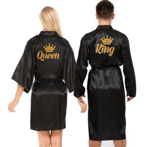 Bata de satén con purpurina para hombre y mujer, kimono con diseño de corona, luna de miel, pareja, Reina, escritura