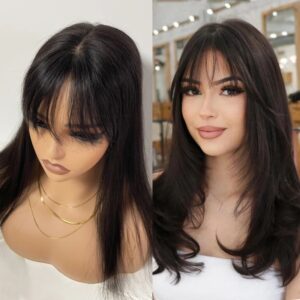 Topper de cabello humano con Base de seda con flequillo, cabello virgen europeo, 15x17cm, cuero cabelludo de seda hecho a mano, piezas de cabello liso superior, 12x14cm