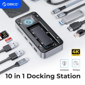 Concentrador ORICO-USB C con ventilador de refrigeración, carcasa externa M.2 NVMe SATA SSD, 10gbps, 4K, 60Hz, HDMI Com, RJ45, SD, TF, estación de acoplamiento
