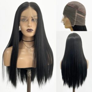 AIMEYA-pelucas frontales de encaje 360 para mujer, pelo negro sintético completo, peluca recta, rayita Natural, fibra resistente al calor