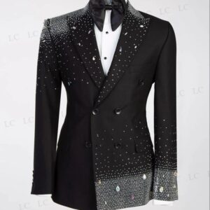 Traje de 2 piezas con cristales para hombre, Blazer, pantalones, un botón, cuentas plateadas, diamantes, esmoquin de fiesta, boda, novio, talla grande, a medida