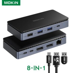 Estación de acoplamiento USB C con doble DisplayPort, estación de acoplamiento para laptop de 8 en 1 con doble monitor con 2 DP 4K@60Hz, Ethernet Gigabit, 100W PD.