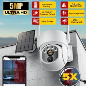 Cámara de vigilancia con energía Solar para exteriores, videocámara IP de 5MP con WiFi, PTZ, IP66, resistente al agua, batería integrada de 8000mAh, detección humana PIR, 5X Zoo