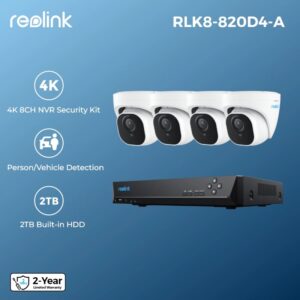 Reolink-sistema de cámaras de seguridad NVR 4K, de 8 canales H.265 grabador de vídeo, 4 piezas, 8MP, PoE, IP, grabación 24/7, 2TB, HDD, detección inteligente