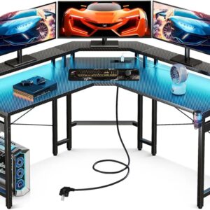 Escritorio para juegos con LED, Mesa de PC con 2 enchufes y 2 Puertos USB, computadora con Amplia Superficie para el Monitor