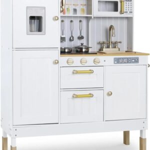 Juguete de cocina de madera para niños, cocina de juego con luz simulada y efectos de sonido, cocina de muñecas con accesorios