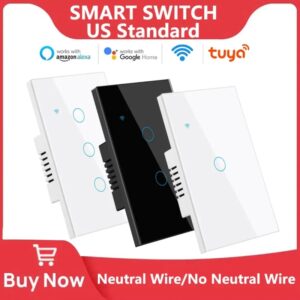 Interruptores inteligentes con WiFi para el hogar, pulsador táctil de 1/2/3/4 entradas con cable neutro de EE. UU., sin cable neutro, funciona con Alexa y Google Home, Tuya