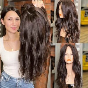 Topper de cabello humano ondulado marrón oscuro, Base de seda, cabello humano hecho a mano, piezas de cabello ondulado Natural para adelgazar el cabello