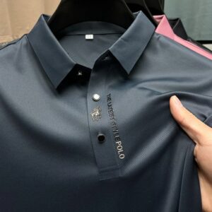 Polo bordado de seda de hielo para hombre, camiseta elástica con solapa, moda coreana, manga corta, ropa informal de negocios, novedad de verano, 2023
