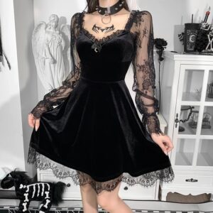 E-girlgrunge-minivestido gótico negro para mujer, vestido ajustado de cintura alta con ribete de encaje, estilo Vintage de los años 90, Punk, Harajuku, Lolita, Y2K