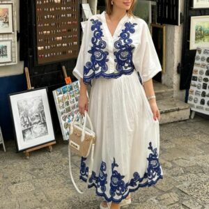 TRAFZA-Conjunto de Falda bordada azul para mujer, camisa con cuello en V y pliegues, falda larga informal de cintura alta, estilo playero, 2024