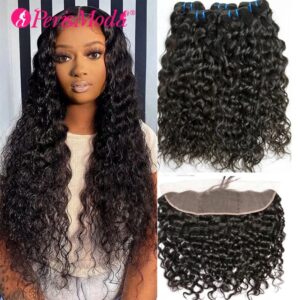 Extensiones de cabello Natural brasileño Remy, mechones de ondas al agua con Frontal, 13x4, 30 pulgadas, mojado y ondulado, con cierre