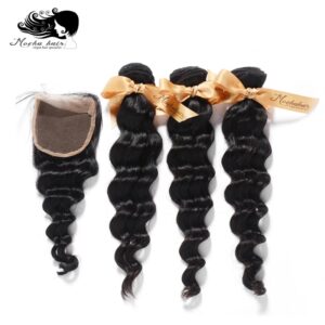 MOCHA Hair-extensiones de cabello humano brasileño, pelo virgen ondulado suelto de 10A, 3 mechones con cierre de encaje de 4x4 o 13x4, 100%