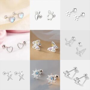 Pendientes coreanos de plata 925 para mujer, Piercing de hélice con aguja, 2 piezas, mariposa y corazón, joyería para el cuerpo