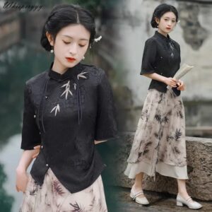 Blusa ajustada de estilo chino para mujer, traje Tang Retro elegante, camisa corta bordada, color negro, novedad de verano