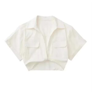 TRAF-camisas cortas de lino elástico con nudo frontal para mujer, Blusa Vintage de manga corta con bolsillos de parche, Tops elegantes