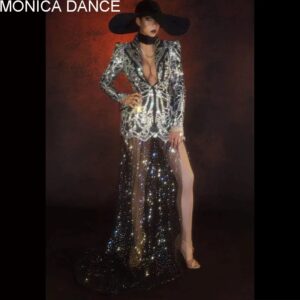 Trajes de diamantes de imitación brillantes para escenario, traje Sexy con cola de malla, abrigo de cristal en V profundo para mujer, disfraces de fiesta de cumpleaños y Club de Graduación