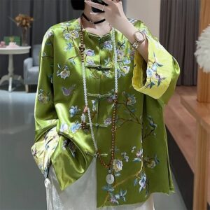 Chaqueta china de satén de alta gama para mujer, Top elegante bordado, pintura de flores y pájaros, chaqueta Tang suelta, moda