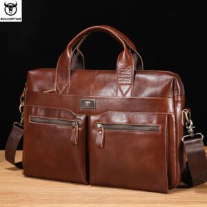 BULLCAPTAIN-maletín de cuero para hombre, bolsa de trabajo de gran capacidad para Notebook de 15,5 pulgadas, bandolera de hombro para negocios
