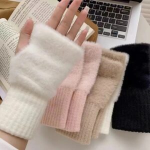 Guantes de medio Dedo de lana de visón para mujer, suaves, cálidos, de lujo, de punto, de felpa, de Color sólido, sin dedos, novedad de 2024