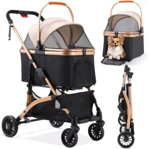 Cochecito 2 en 1 para perro, carrito con caja de transporte, plegable, ruedas de goma resistentes al desgaste de 360 °, con cesta de almacenamiento