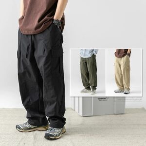 Pantalones utilitarios funcionales repelentes al agua con textura de microarrugas para hombres, pantalones casuales plisados, ajuste suelto japonés para exteriores, Primavera