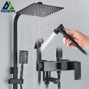 Rozin-Juego de grifo de ducha de baño de lluvia, mezclador de bidé, sistema de cabina de baño de latón montado en la pared negro con estante, caño de bañera
