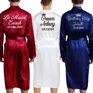 Bata de baño de seda suave para hombre, Kimono de imitación con nombre y fecha personalizados, para fiesta de boda