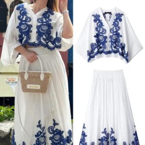 TRAFZA-Conjunto de 2 piezas para mujer, camisa holgada bordada de un solo pecho y falda plisada de cintura alta, traje elegante de calle, color azul