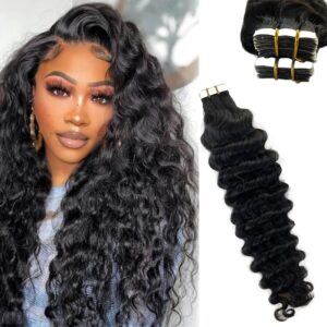 Cinta de onda de agua en extensiones de cabello humano, adhesivo de trama de piel rizada, extensiones de cinta de onda profunda negra Natural, Cabello para salón, 2,5 G/Pc