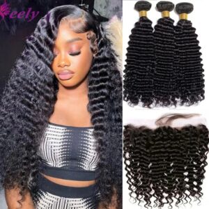 Mechones de pelo de onda profunda con cierre transparente Frontal de encaje de 13x4, cabello humano 100% sin procesar con extensiones de mechones rizados