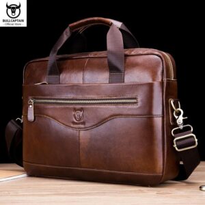 BULLCAPTAIN-maletín de cuero genuino para hombre, bandolera de hombro para ordenador portátil de 14 pulgadas, bolso de mano para oficina y negocios