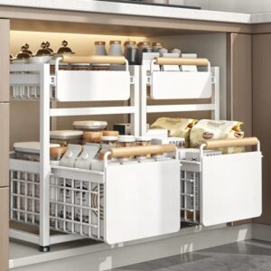 Estante extraíble de acero al carbono para cocina, estante de almacenamiento para debajo del fregadero, organizador de botellas de condimentos, armario de especias con cajón deslizante