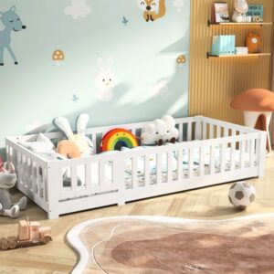Cama infantil de 90x200 cm con puerta que incluye protección contra caídas y Marco de listones para niños y niñas, hecha de madera de pino macizo