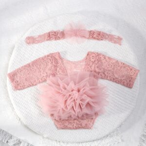 Ylsteed-Pelele de encaje Rosa polvoriento para sesión de fotos, trajes de fotografía de malla esponjosa con diadema, 2 piezas