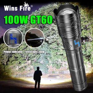 Linterna táctica súper brillante de 20000LM, linterna LED potente de largo alcance GT60 de 100W, recargable por USB con 4 baterías 181350A