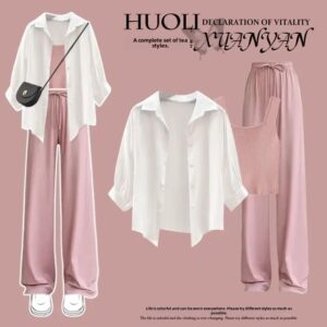 Conjunto de tres piezas para mujer, camiseta sin mangas interior, camisa de protección solar, pantalones de campana, novedad de verano 2024