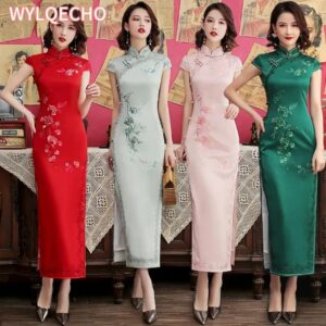 Cheongsam largo bordado de seda para mujer, Vestidos de Noche de estilo chino, con borde de encaje mejorado, para ceremonia, novedad de 2023