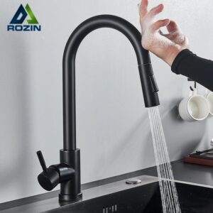 Rozin-grifo táctil inteligente para cocina, grifería extraíble con Sensor de color negro/níquel, con rotación de 360 grados y 2 salidas