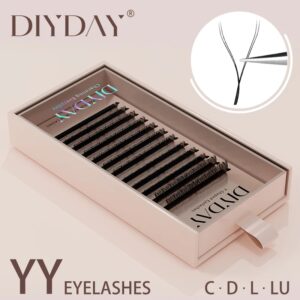 DIYDAY extensiones de pestañas en forma de YY, pestañas postizas en forma de Y C, D, L, LU, rizo marrón, abanicos de volumen prefabricados suaves Y naturales, dos puntas