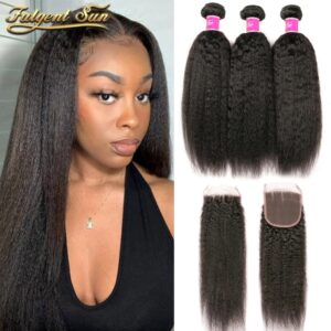 Mechones de cabello humano liso rizado con cierre, extensiones de cabello humano brasileño, 3/4 mechones con cierre de encaje, Yaki Remy