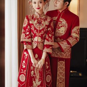 Qipao de estilo chino para novio, exquisito vestido bordado de dragón y Fénix para fiesta y boda, ropa de tostada, 2023