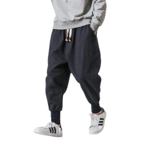 Pantalones bombachos de lino y algodón para hombre, ropa de calle con cintura elástica sólida, holgados, informales, novedad