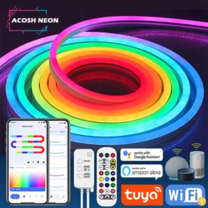 Tira de luces LED de neón para habitación, cinta de cuerda de silicona con sincronización de música, color de sueño RGBIC, TUYA, 84LED/M, 12-24V