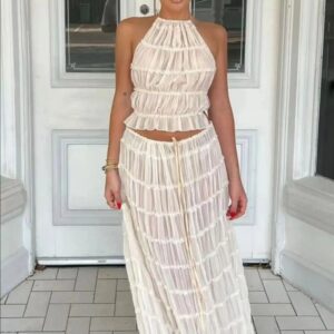 Traje de falda larga con cuello Halter para mujer, Top con tirantes y Espalda descubierta, maxifalda con cordones y pliegues, conjunto de 2 piezas para verano, novedad de 2024